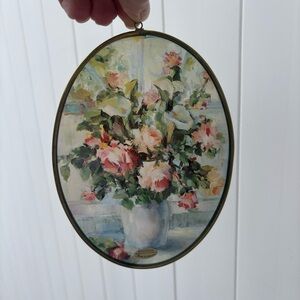 Vintage Enesco Roses Art Glass Sun Catcher - Cottage/ Ralph Lauren Style